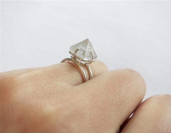 Wire ring with fluorite octahedron clear raw crystal