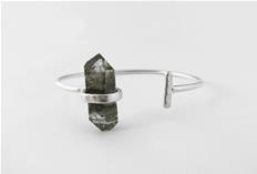 Sterling silver Bracelet with Tibetan Quartz Raw Crystal - Natural Rough Stone - Black and White - Bangle