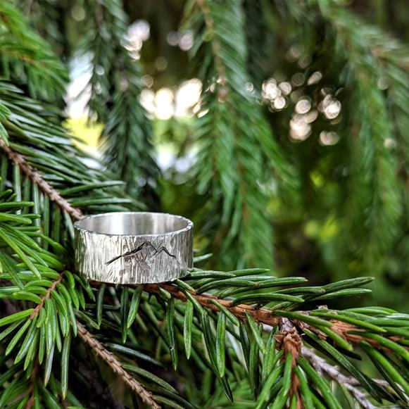 Tree bark ring with mountains in sterling silver